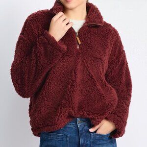 Thread & Supply Burgundy Faux Sherpa Half Zip Teddy Jacket | Size M